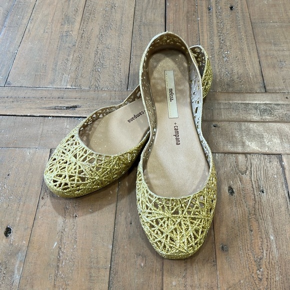 Melissa Shoes - Melissa + Campana metallic gold glitter jelly flat shoes